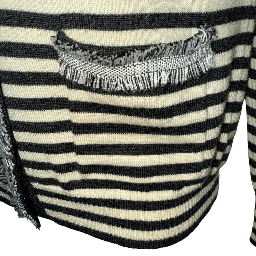 J. CREW‎ Harlow Wool Tan & Black Striped Fringe Trim Lightweight Cardigan Small